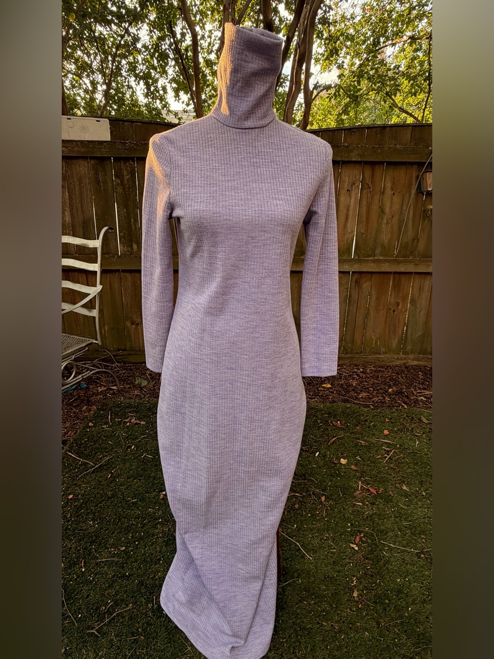 Vintage 60s 70s Lavender Ribbed Knit Maxi Dress Turtleneck Mod Column Gown - Picture 2 of 11